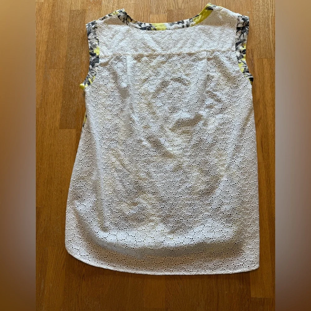 J Crew Silk Cotton Floral Size 4 Sleeveless Tunic Yellow‎ Black Eyelet Lace
